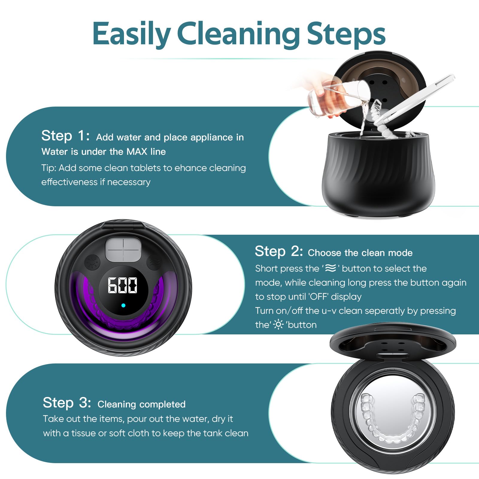 KINTLE Ultrasonic Retainer Cleaner Machine- 45kHz Denture Cleaner, 200ML Dental Cleaning Pod for Aligners, Mouth Night Guards, Toothbrush Heads & Jewelry, 4 Cleaning Modes, Digital Timer, Black