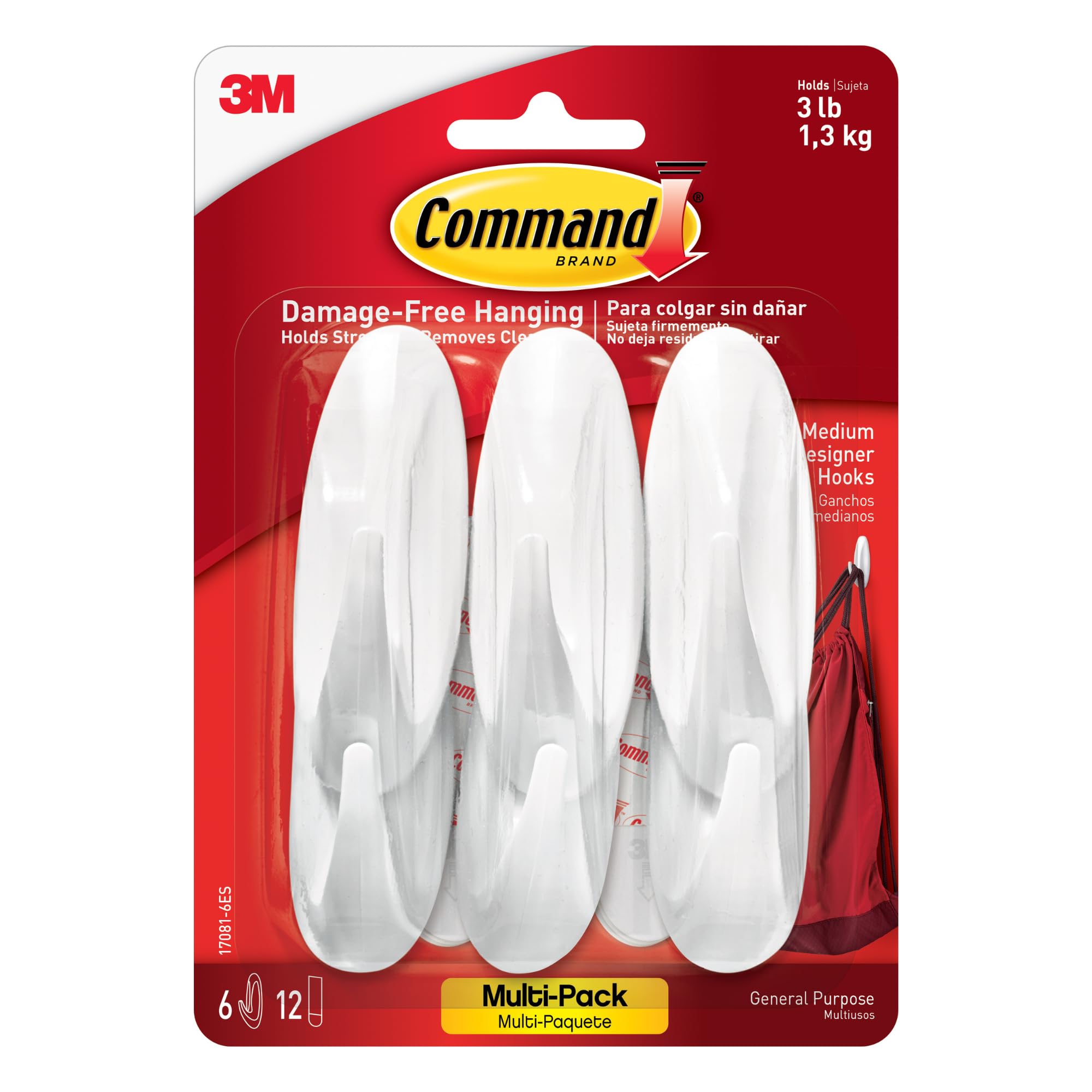 Command Medium Designer Hooks Removable, 6-Pack (White)