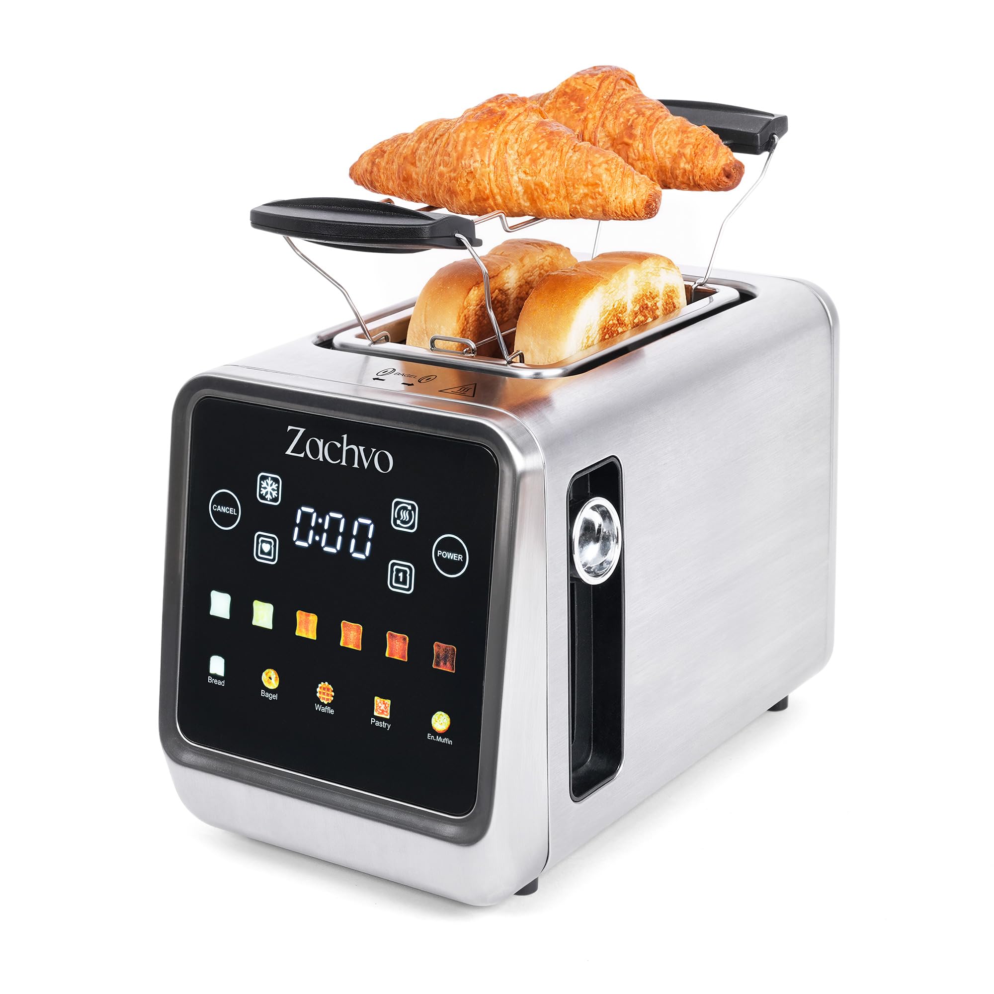ZACHVO Toaster 2 Scheiben Edelstahl mit Smart Touchscreen & LED-Countdown, Intelligente Memory-Funktion, 3,5cm extra breite Schlitze, Einseitiges Rösten, inkl. Sandwich-Zange & Brötchenaufsatz, 850W