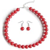 QBCL Beaded Necklace Choker Earrings Set Colorful Acrylic Big Bubblegum Statement Summer Party Jewelry for Women (Red)