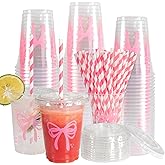 DEPOVTE 50 Pcs 12oz Pink Bow Cups Disposable Cute Plastic Cups with Lids nd Straws for Pink Bow Party Birthday Decorations (Pink, 12, ounces)