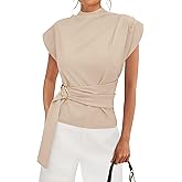 PRETTYGARDEN Women Blouses Spring Dressy Cap Sleeve Mock Neck Work Shirts Buckle Tunic Summer Business Casual Tops 2026