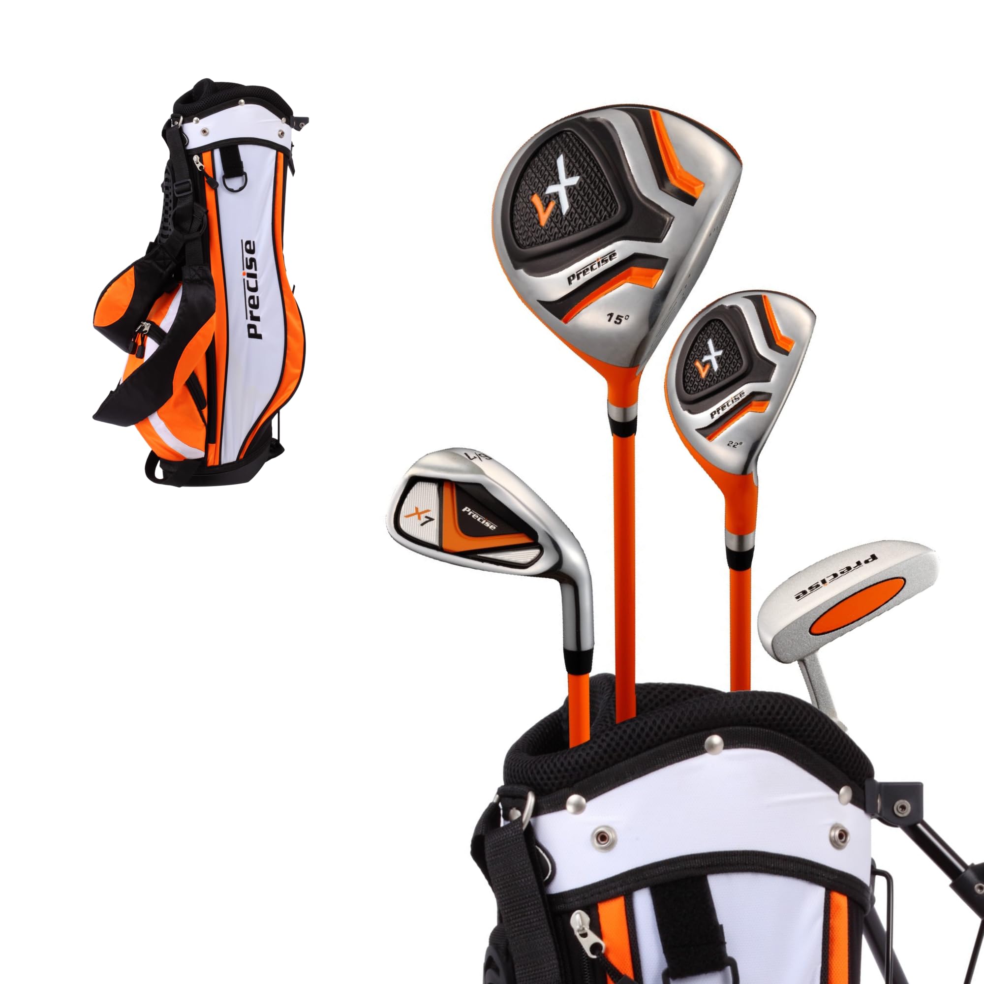 Precise Distinctive Right Handed Junior Golf Club Set for Age 3 to 5 (Height 3' to 3'8") Set Includes: Driver (15"), Hybrid Wood (22*), 7 Iron, Putter, Bonus Stand Bag & 2 Headcovers