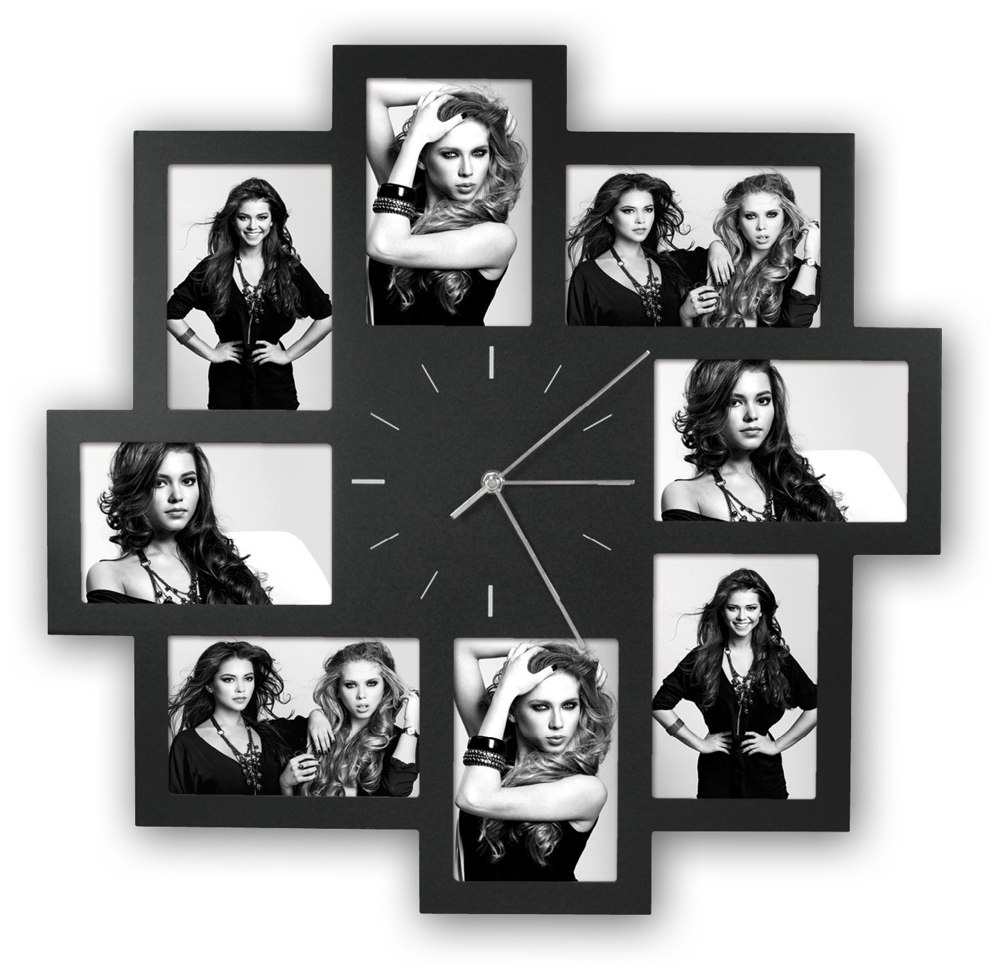 Zep Trieste Black Multi Aperture Frame and Clock for 8 6x4 Photos, 4.5 x 53 x 53 cm