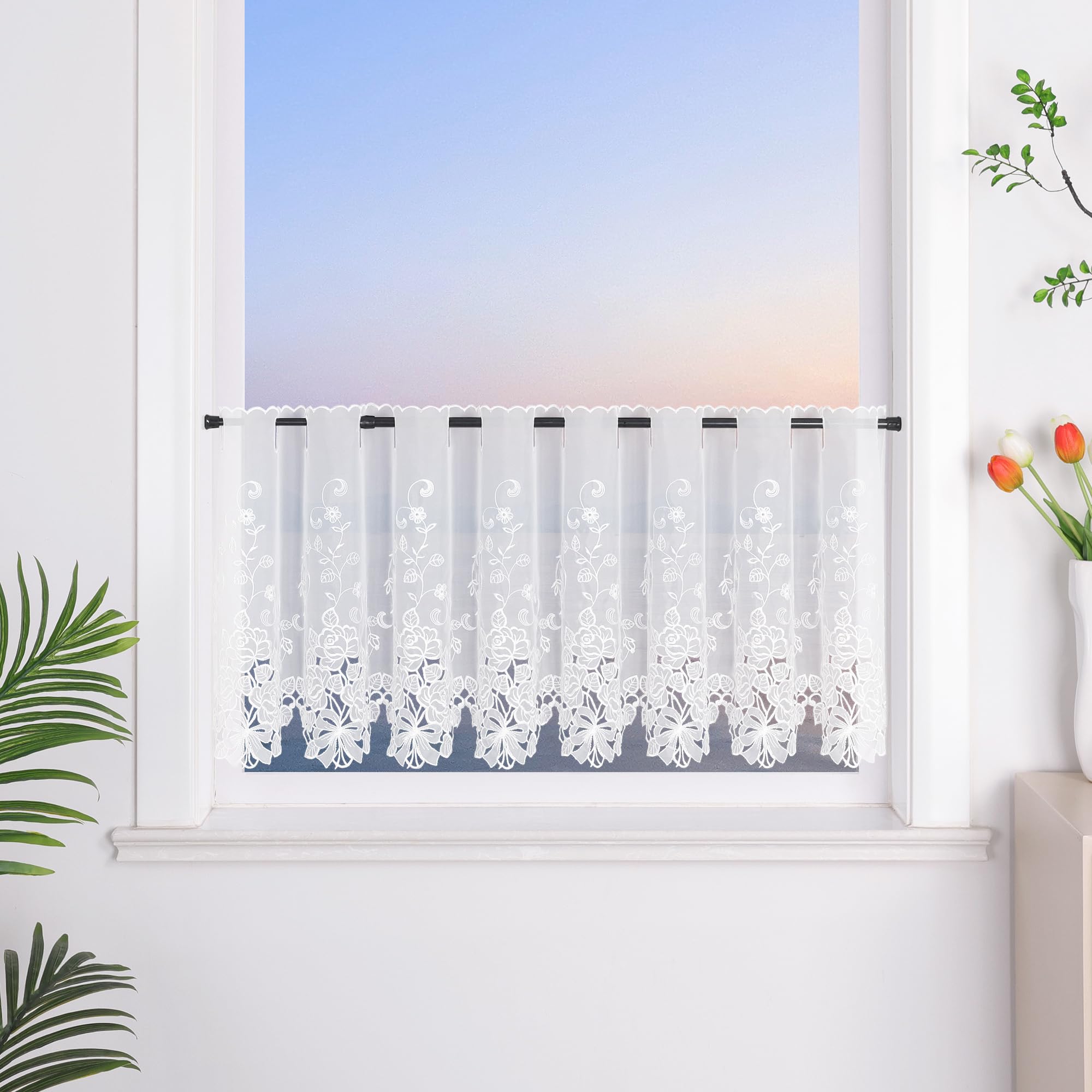 Heichkell Cream Voile Short Curtain Hollow Embroidery Kitchen Door Corridor Curtain 1 Piece 45 x 150 cm