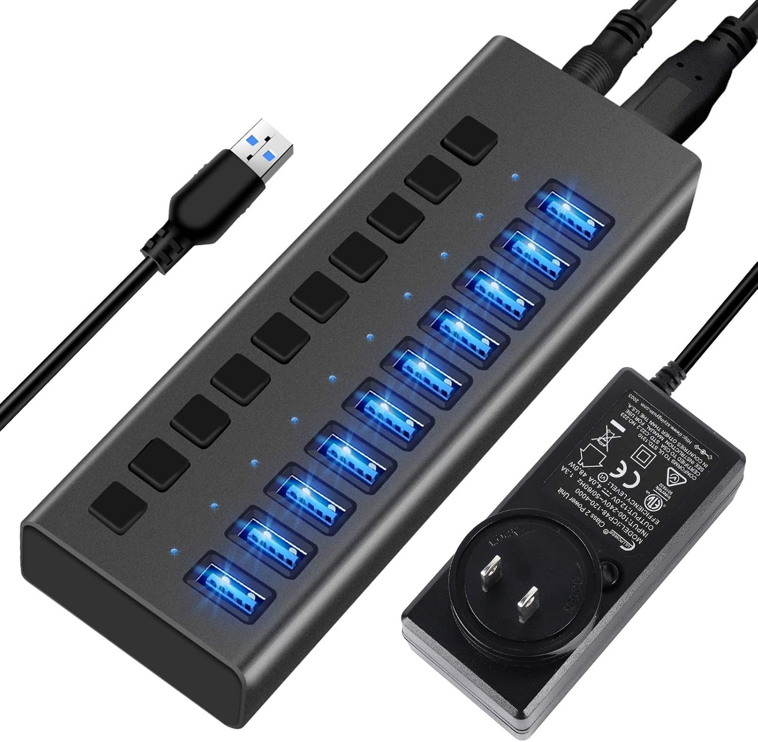 Powered USB Hub - AGEEN 10 Port 48W USB 3.0 Data Hub Expander - with Individual On/Off Switches and 12V/4A UL Certified Power Adapter for Laptop, PC, Computer, Mobile HDD, Flash Drive and Travel: Computers & Accessories