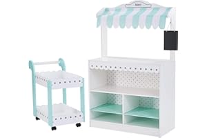 Teamson Kids My Dream Bakery Shop Dessert Stand and Rolling Pastry Cart Interactive Wooden Play Set with 18 Pretend Baked Goods, White and Mint Green with Gray Polka Dot Accents