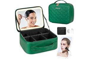PEEH Makeup Bag with Lighted Mirror, Travel Make up Train Case with Rechargable Compact Vanity Mirror and 10x Magnifying Mirror, Adjustable Dividers Cosmetics Organizer for Women (Green)