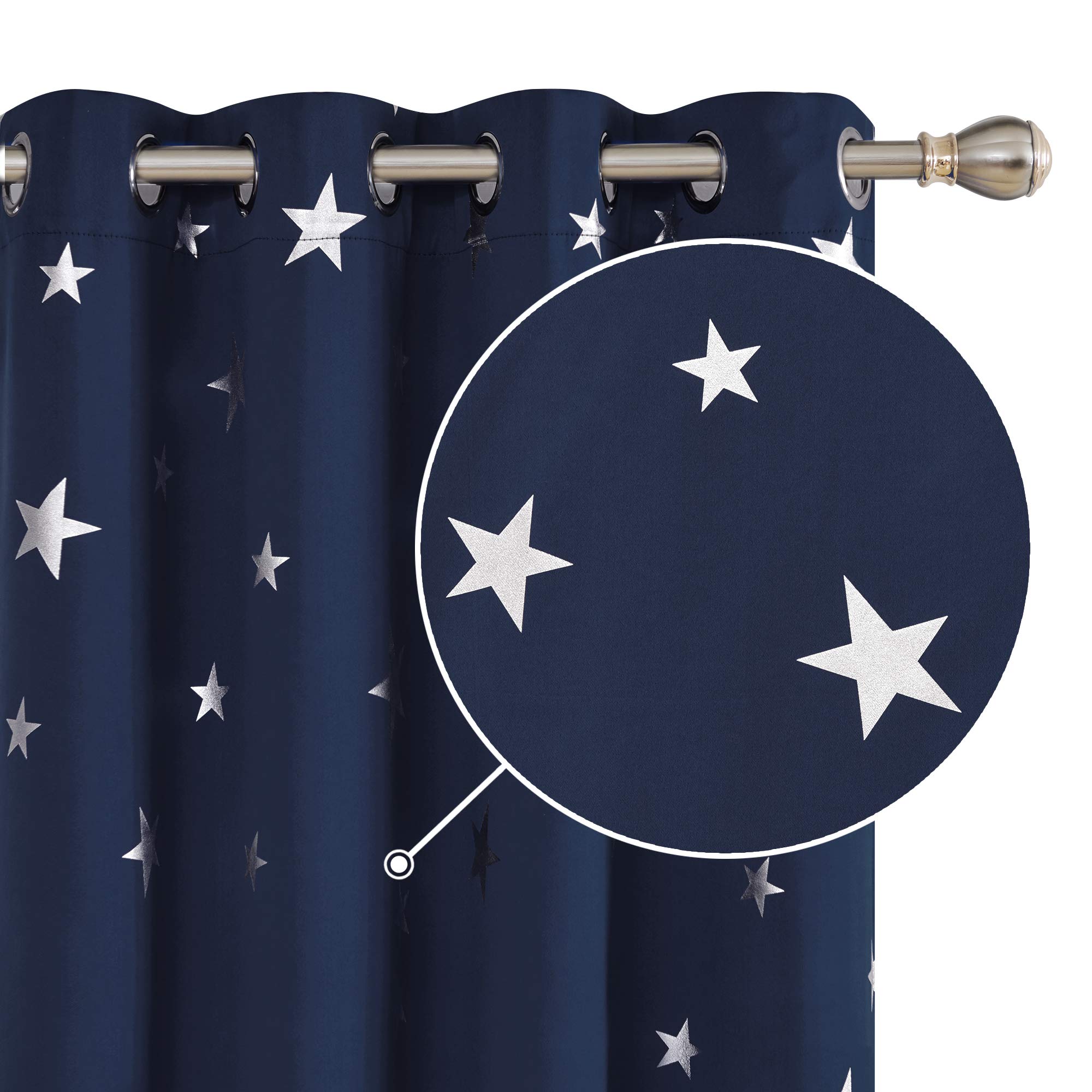 Deconovo Thermal Insulated Silver Star Printed Blackout Curtains Energy Saving Decorative Nursery Curtains for Kids 66 x 72 Inch Navy Blue Set of 2