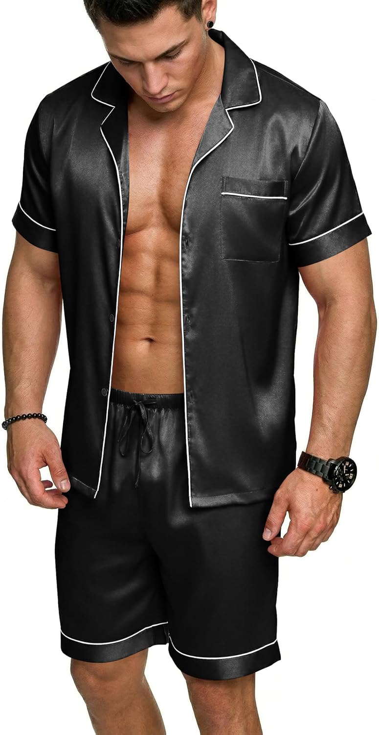 Ekouaer Mens Silk Satin Pajamas Set, Short Sleeve Sleepwear Lightweight Button Up Lounge Pjs Set with Pockets S-4XL