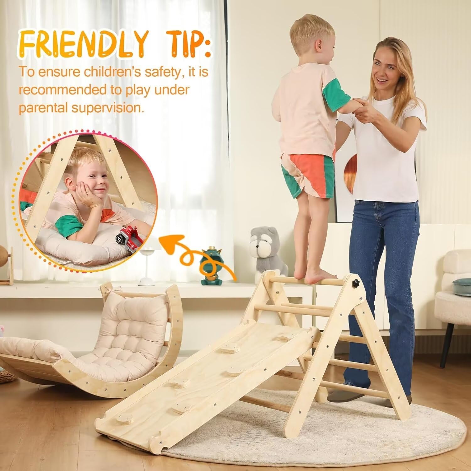 Pikler Triangle Set with Cushion, 7 in 1 Toddler Climbing Toys Indoor, Montessori Foldable Climbing Set, Wooden Climbing Toys for Toddlers Inside with Ramp, Arch and Ladder (Nature Wood)