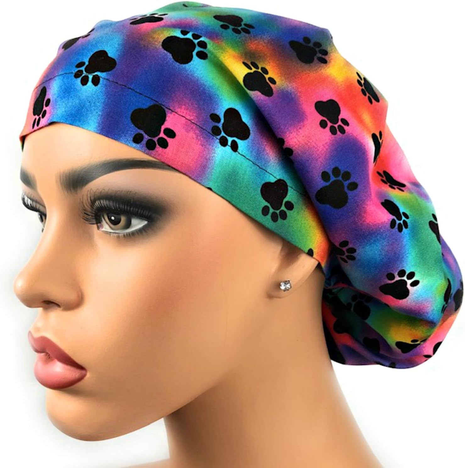 Women’s Adjustable Scrub Hat Euro Bouffant Cap Paw Prints Multicolor