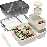 Caperci 2 Pack Salad Container for Lunch - 62 oz Large Bento Lunch Box for Adults, 2-Compartment Meal Prep Container with Removable Toppings Tray, Sauce Cup, Reusable Fork, BPA-Free (Gray & Tofu)