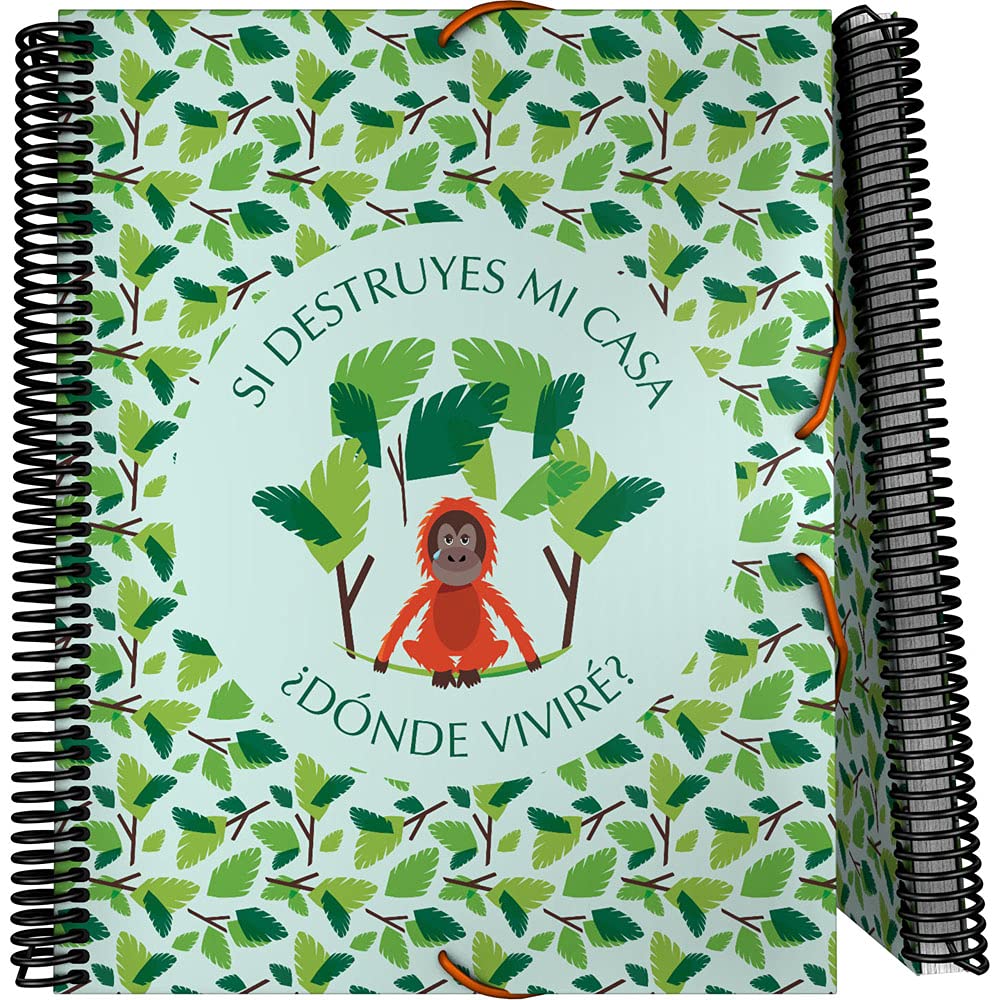 Grafoplás 39822430. A4 Pocket Folder with Spiral, Wise Planet Collection, Monkey, Rigid Polypropylene, Elastic Closure, 30 Transparent Pockets, Includes Envelope with Textile Closure