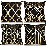 LAPONO Throw Pillow Covers Set of 4 Black and Gold Square Pillowcases Velvet Gold Foil Printed Cushion Cases Geometric Patter