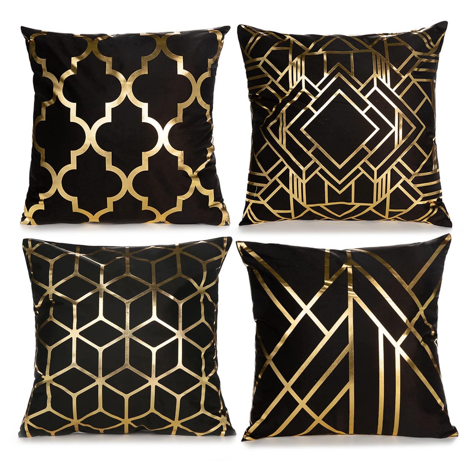 LAPONO Cushion Covers Velvet 4 Pack, 45x45 cm Square Throw Pillow Case Soft Sofa Pillowcases Modern Line Decorative with Invisible Zipper for Couch Livingroom Bedroom Home (Black Gold)
