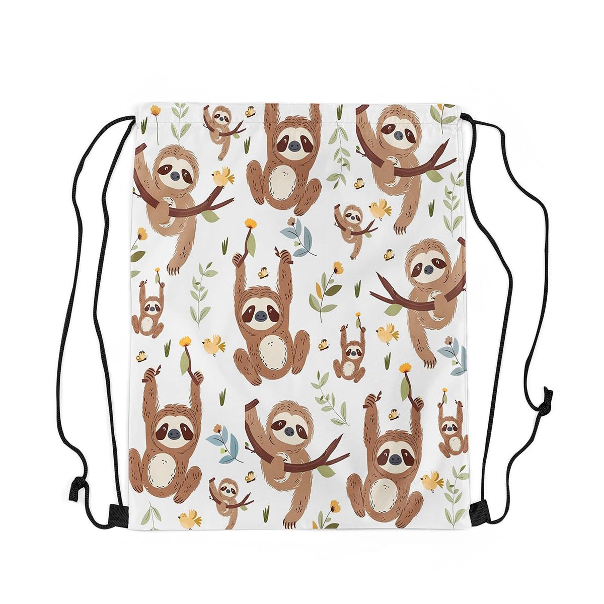 Loussiesd Cute Sloth Drawstring Backpack 40x33cm Kawaii Wild Animals Sports Drawstring Sackpack Cartoon Gym String Bag Tropical Leaves Drawstring Bags for Women Men White Waterproof