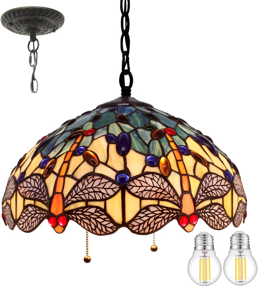 Tiffany Hanging Lamp W16H40 Inch (LED Bulb Included) Pendant Light Stained Glass Dragonfly Shade Chandelier Ceiling Fixture S128 WERFACTORY Decorate Dining Living Room Bedroom Study Office Coffee Bar - - 
