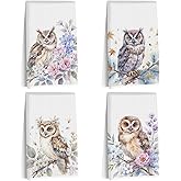 4 Pcs Watercolor Owl Kitchen Towels, Artistic Floral Decorative Absorbent Microfiber Dish Cloth Tea Towel, Pastoral Waffle Soft Hand Towels for Farmhouse Home Bathroom Decor, Owl Gifts for Women