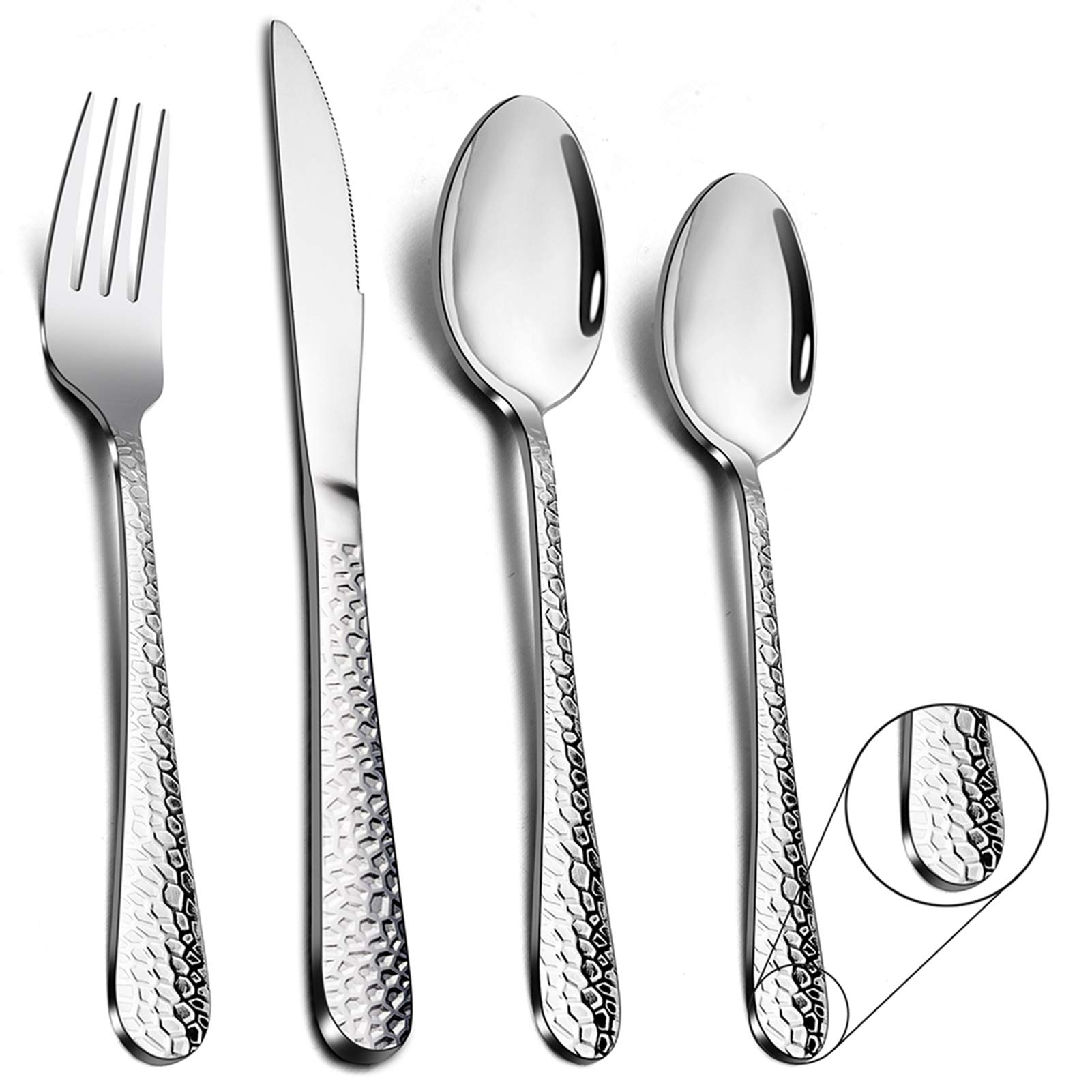 Cutlery Set, Stainless Steel 32 Piece Flatware Set for 8, Hammered Design Silverware Set for Big Family/Camping/Picnic, Eating Utensils with Knife Fork Spoon, Mirror Polish & Dishwasher Safe