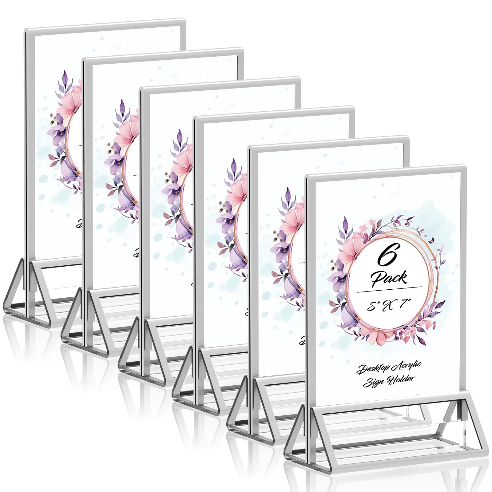 Photo 1 of PPH-Sisy Clear Acrylic Sign Holder 5X7 with Silver Borders Display Stand, Double Sided Acrylic Picture Frames Plastic Sign Holder for Wedding Table Numbers Menu Holder (6 Pack)