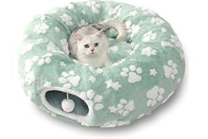 Yaning Cat Tunnel for Indoor Cats, Cute Peekaboo Cat Cave Play Tunnel with Dangling Balls, Pet Donut Tunnel Bed with Circle Mat for Cat Puppy Kitten Rabbit, Green