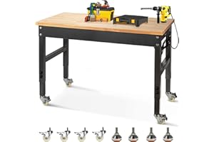 Sulives Height Adjustable Workbench Rubber Wood Top Heavy-Duty Workstation,3000 LBS Load Capacity 48" Work Bench,Work Desk with Power Outlets for Garage,Workshop,Office Home