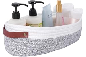 GUZHIOU Toilet Tank Topper Paper Basket, Storage for Toilet Tank, Bathroom Baskets Tray, Toilet Baskets for Boho Bathroom Decor, Small Woven Baskets for Organizing, 13.5"x5.9"x4" (White-Grey)