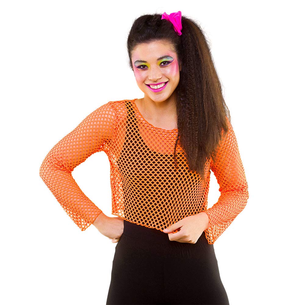 Wicked Costumes Adult 80's Neon Orange Fishnet Long Sleeved Top (One Size UK 6-10)