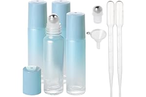 SESENSE Essential Oil Roller Bottles, 10ml Thick Glass Perfume Roller Bottles with Funnel Opener and Dropper Colored Glass Empty Bottles with Stainless Steel Roller Balls (Blue, 4 Pack)