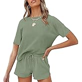 MEROKEETY Women's Short Sleeve Waffle Pajama Sets Lounge Top and Shorts 2 Piece Tracksuit Outfits