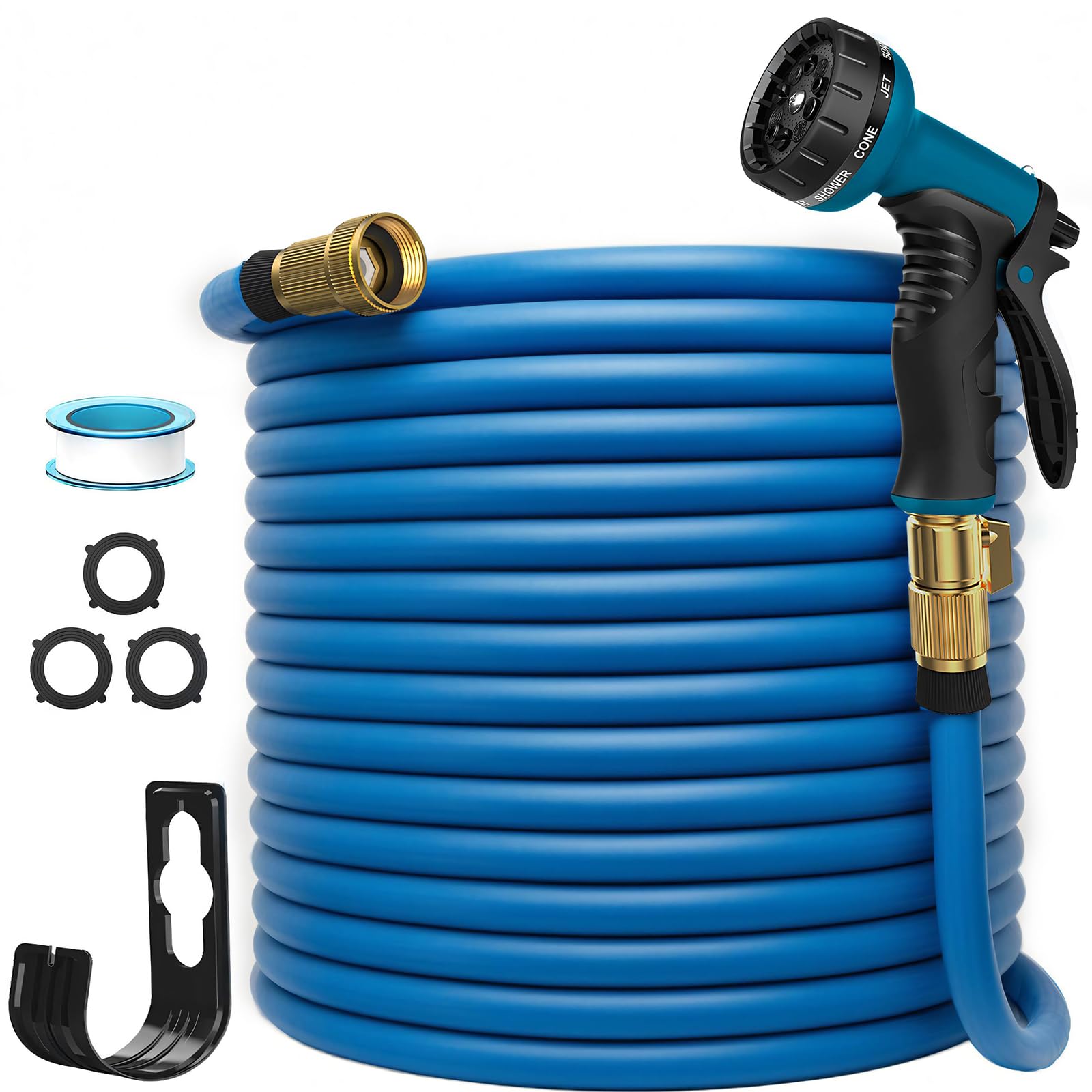 Photo 1 of Garden Hose 100ft – Lightweight, Kink-Free & Leak-Proof Water Hose with 10-Function Spray Nozzle and 3/4" Solid Brass Fittings – Flexible Outdoor Hose for Yard, Garden, Lawn & Car Wash (Blue)