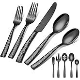 45-Piece Silverware Set with Serving Utensils, Ollex Durable Stainless Steel Black Hammered Flatware Set for 8 with Knives Forks Spoons Large Serving utensil Set for Home Restaurant, Dishwasher Safe