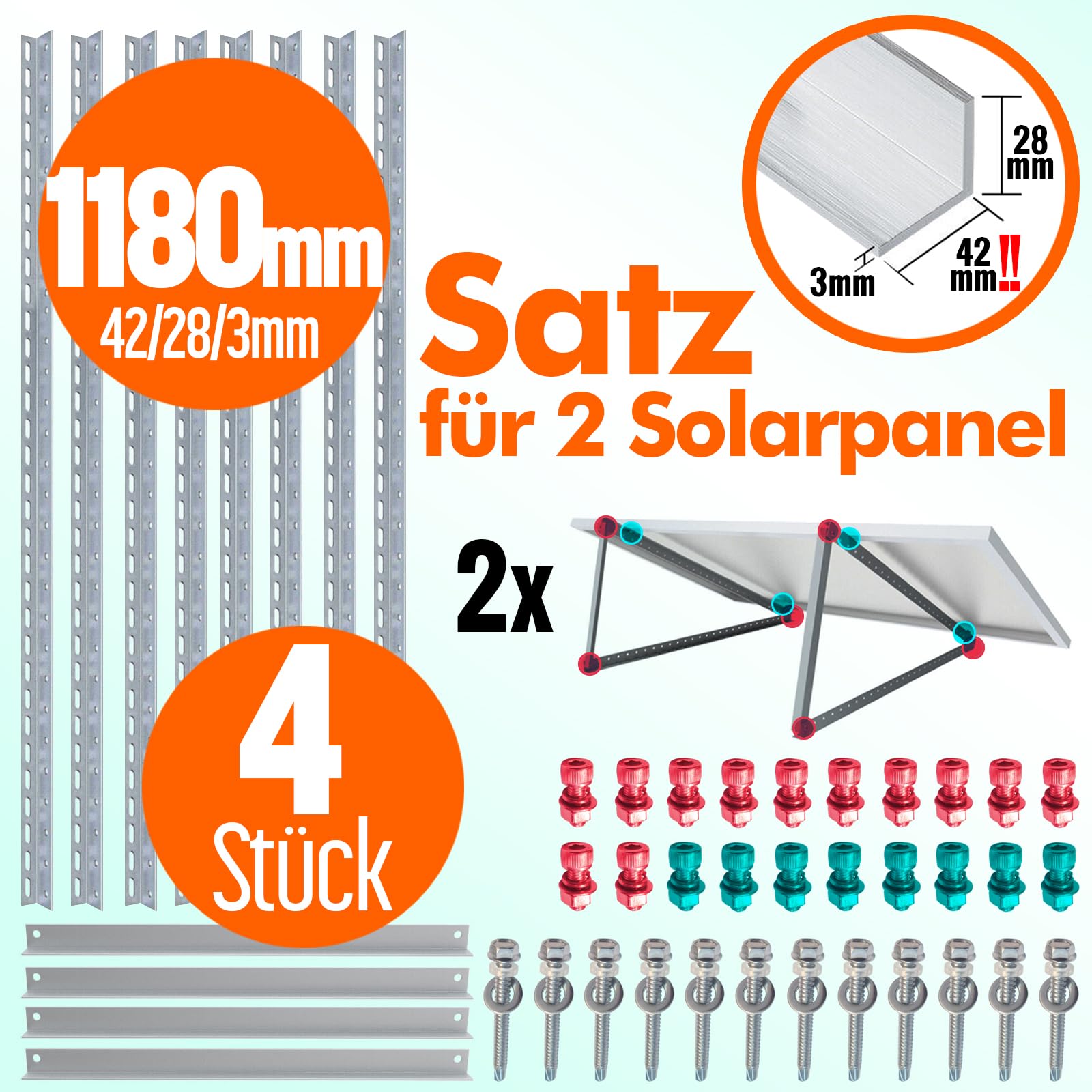 4x Solarmodul Halterung 1180mm Set Profil 40x28x3! für 2 Solarpanels Solarmodul Flachdach Aufständerung Photovoltaik Universal Balkonkraftwerk Robuste Wand Flachdachmontage, Wetterbeständig, PV Module 2