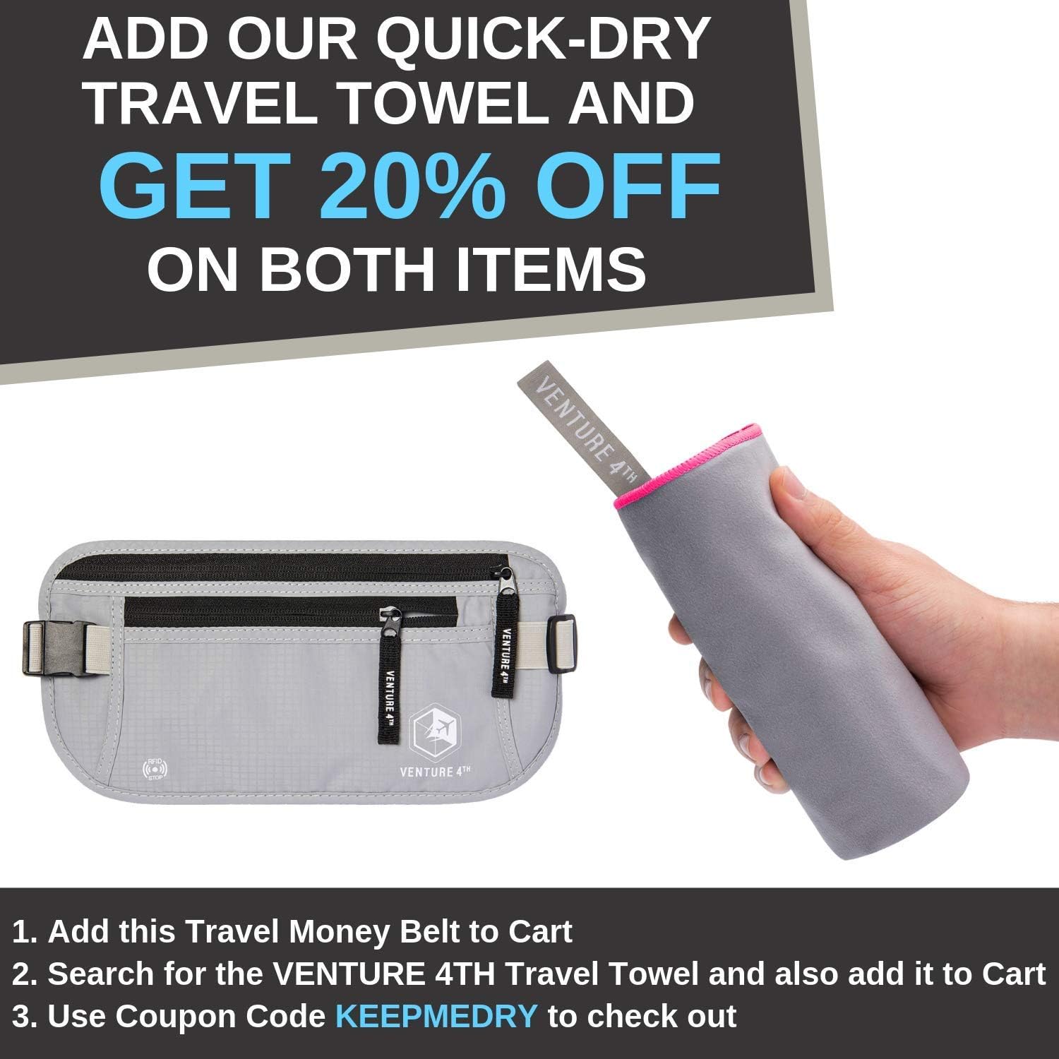  | VENTURE 4TH Travel Money Belt RFID Blocking Hidden Waist Stash (Silver) | Travel Wallets
