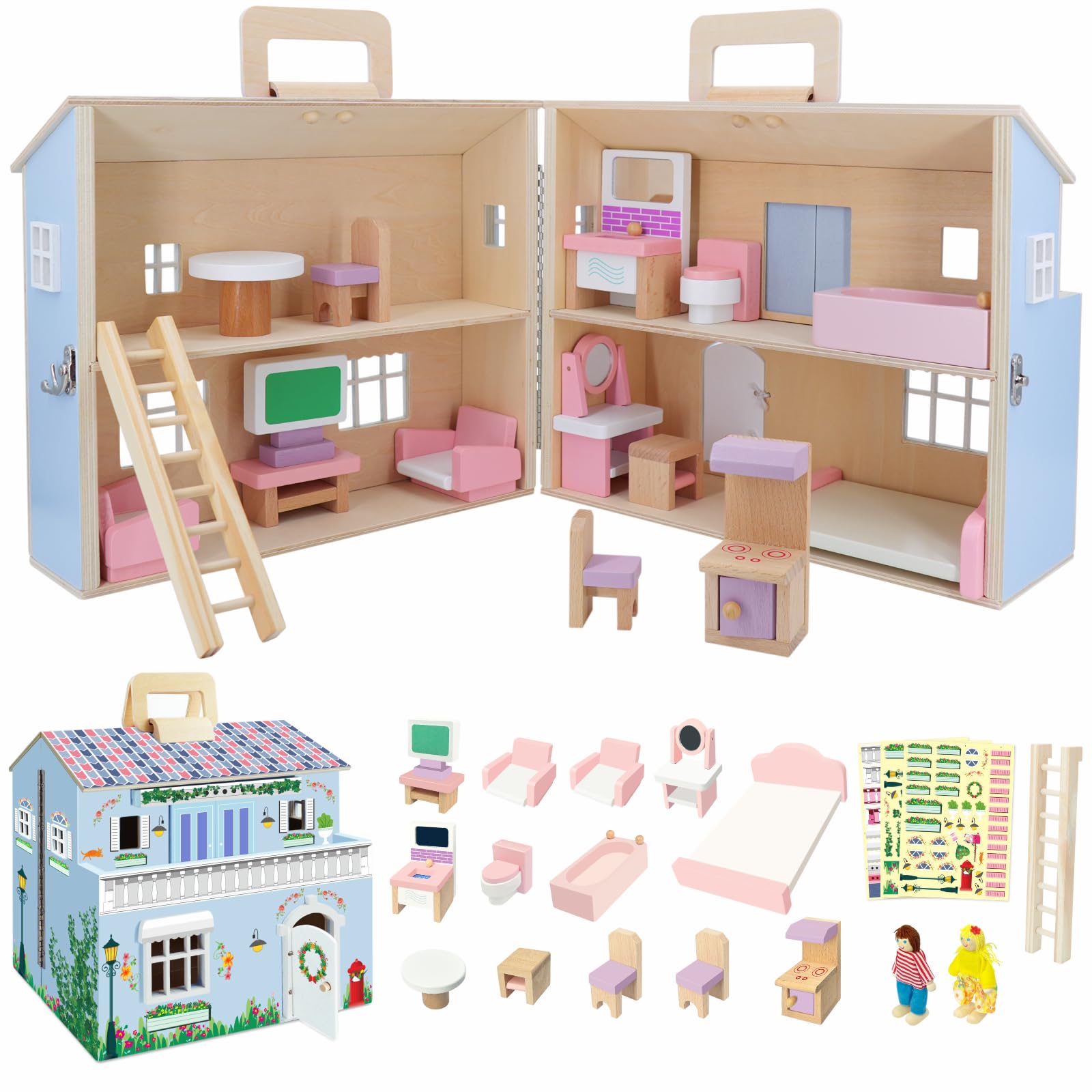 SIMPLIPLAY DIY Portable Wooden Dollhouse, Pretend Play Doll House Set with 4 Rooms, 13 Furnitures, 2 Dolls, 3 Sticker with 2 Styles, 1 Wooden Ladder, Doll House for 3+ Year Old Kids Boys Girls Gift