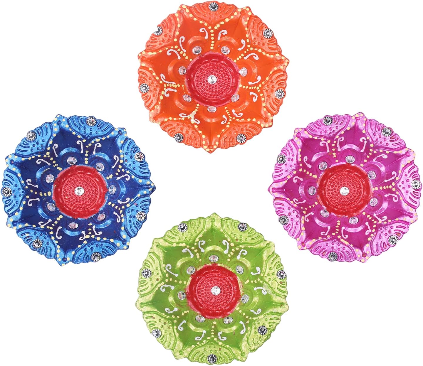 Oil Lamps & Accessories - Handmade Traditional Terracotta Clay Diya for Diwali, Earthen Oil Lamp, Indian Gift Items DIY with Acrylic Rangoli Multi Color Pack of 4