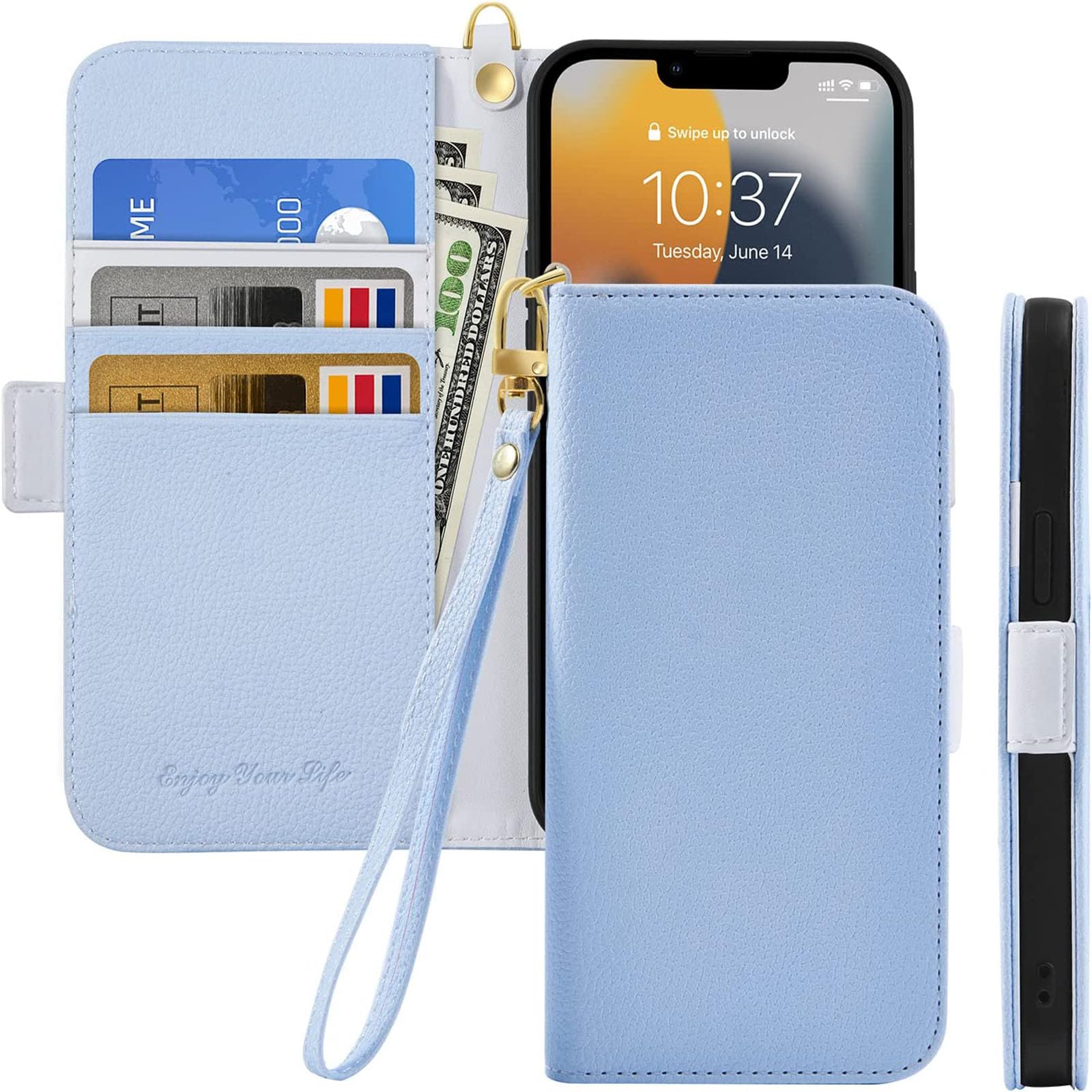 Nbziyoo Phone Case for iPhone 12/ iPhone 12 Pro, Folding Faux Leather Lychee Pattern Wallet Flip Cover with Card Holder,Wrist Strap,Magnetic Closure Shockproof Kickstand Phone Case.(Blue)