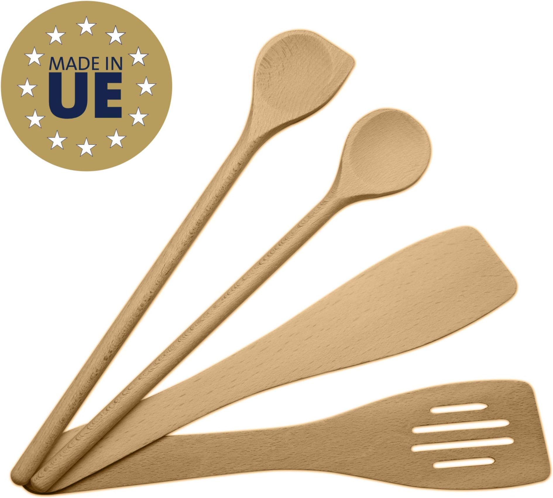 โญ Wooden Utensil Set - Kitchen Utensils Set โ Useful and Complete Set โ Beech Wood Quality - with 1 Gravy ladle of 35 cm, 1 Wide Slotted Spatula of 30 cm, 1 Beveled Spatula of 30cm, 1 Bakery Spatula