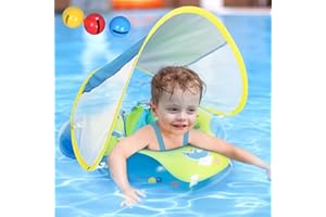 Baby Pool Float with Canopy: Baby Swimming Float with UPF50+ Sun Protection & Toy Play Steering Wheel with Patch Kit Baby Flo