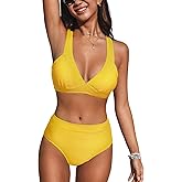 CUPSHE Women's Bikini Sets Two Piece Swimsuit High Waisted Bathing Suit V Neck Back Tie Adjustable Straps Textured