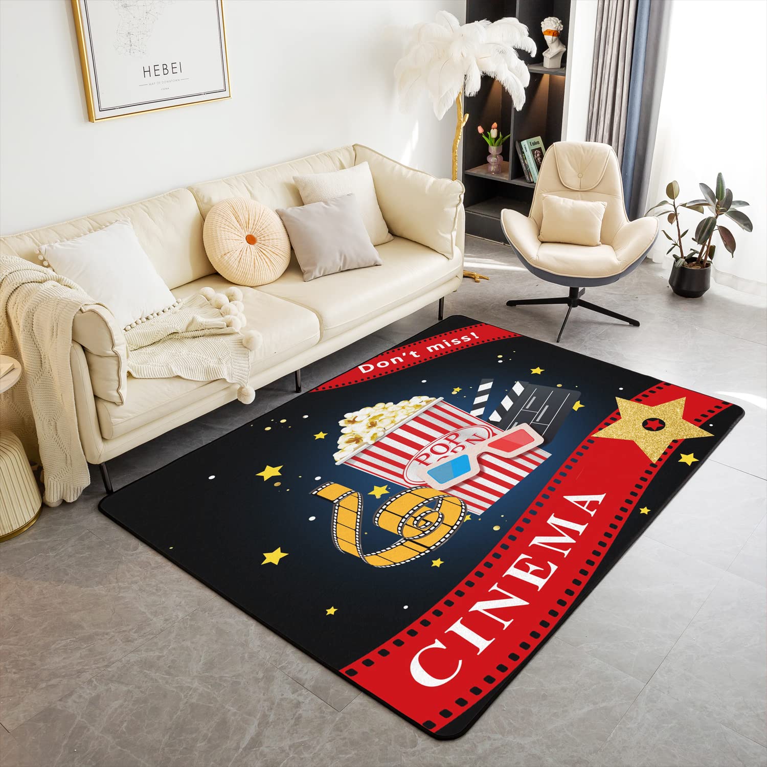 Loussiesd Popcorn Decor Carpet, for Movie Theater Indoor Floor Mat Decor Cinema Poster Star Living Room Rugs Vintage Cinema Movie Theater Area Rug 150x200cm