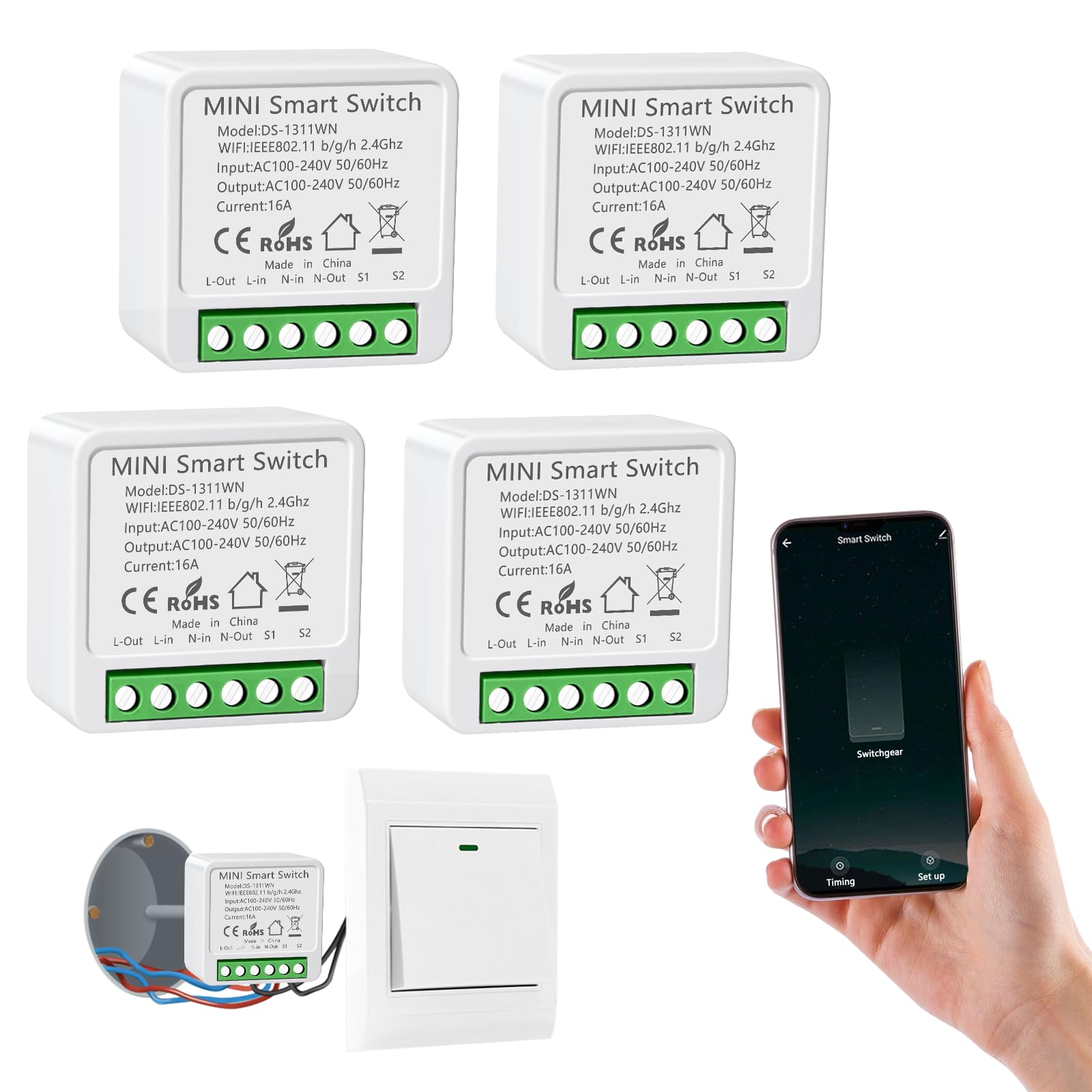 Pack of 4 Smart Module Light Switch, Mini Smart Home Light Switch, Voice Control/Countdown, Alexa Light Switch, Smart Home Compatible Alexa/Google, 1-Way/2-Way, Neutral Conductor Required