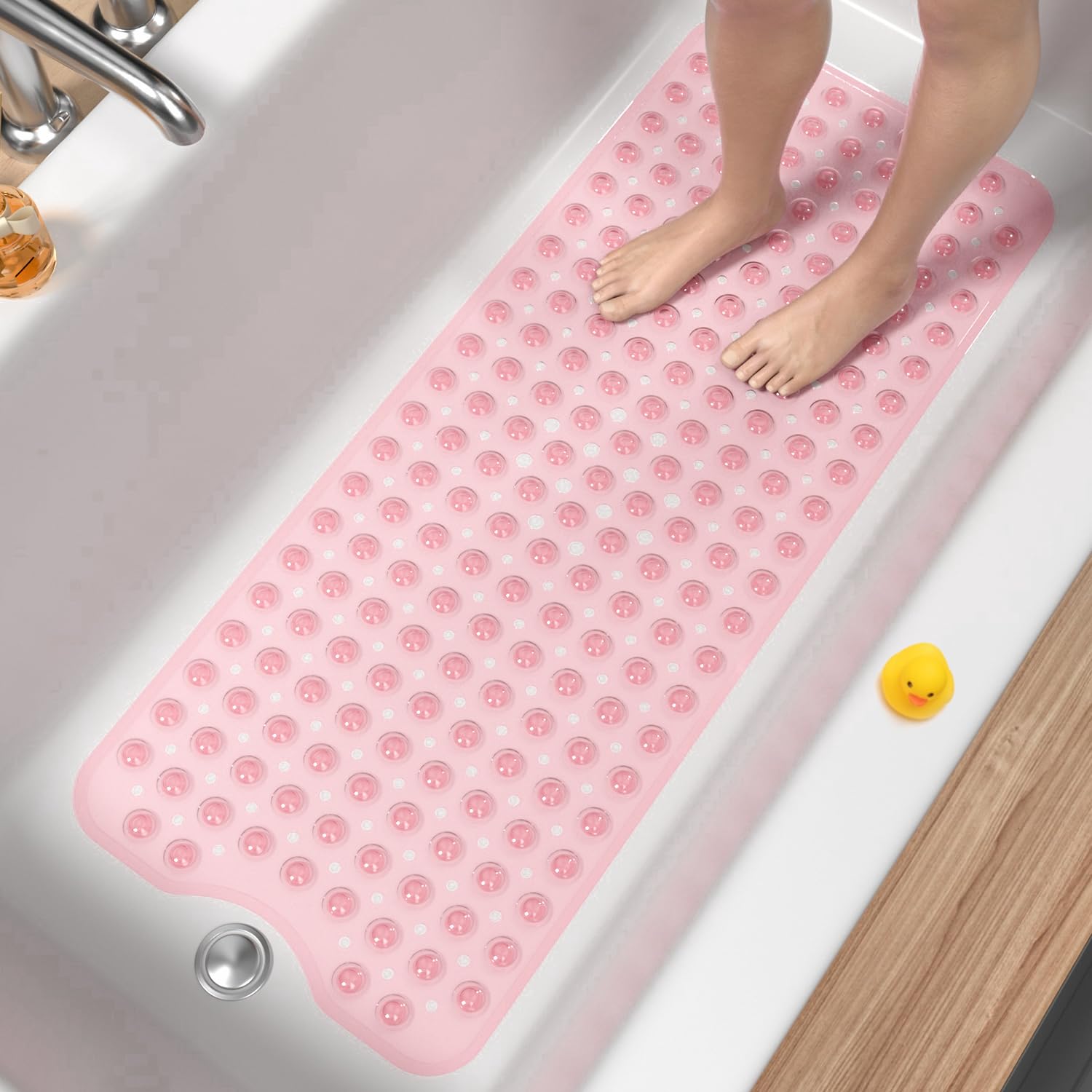 HITSLAM Non Slip Bath Mat for Tub, 101 x 40cm Extra Long Shower Mat Anti Mould, Machine Washable Bathroom Bathtub Mat with Suction Cups and Drain Holes, Soft on Feet, Clear Pink