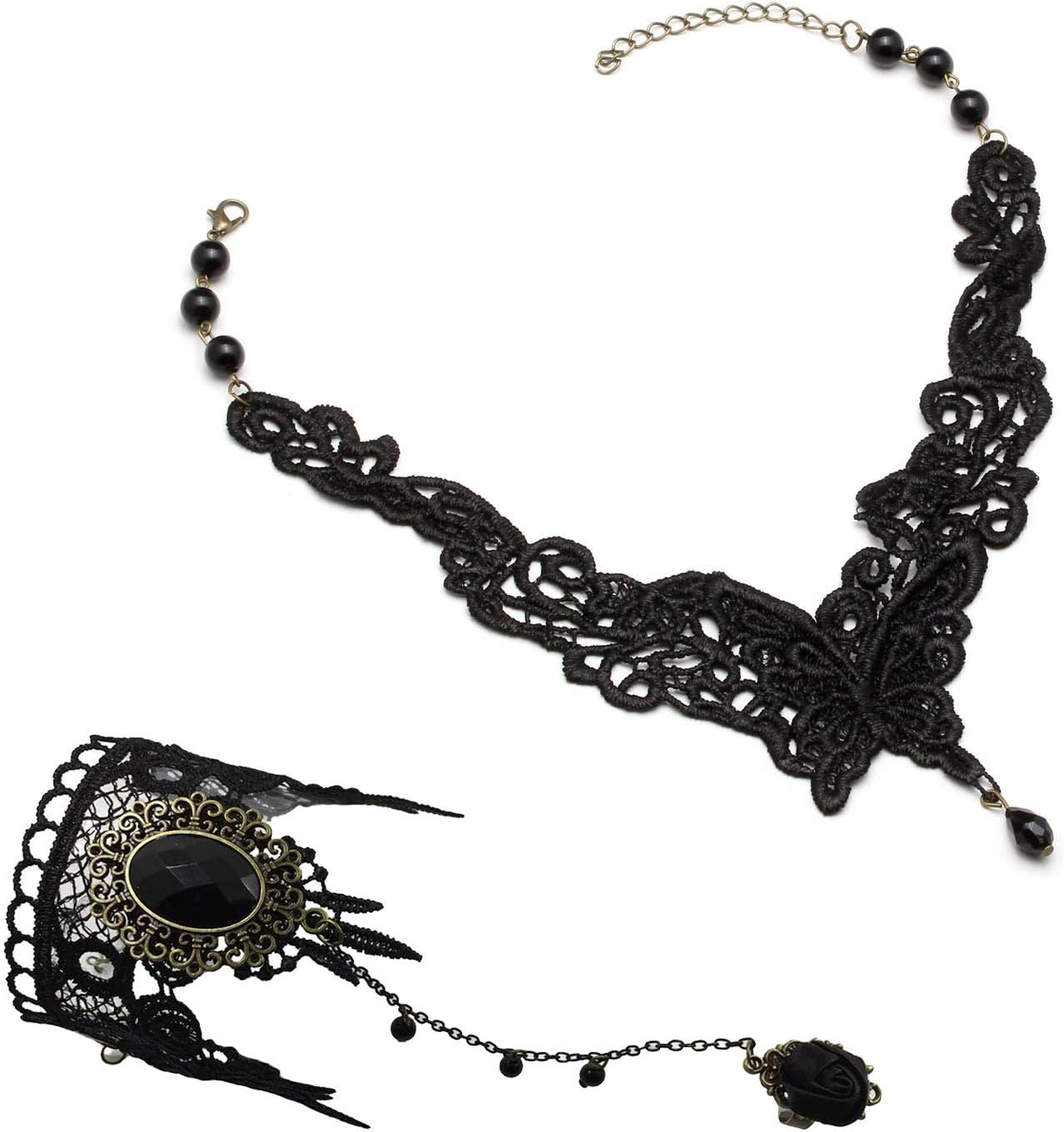 Manfnee Women‘s Lace Necklace Bracelet Ring Set Gothic Vintage Choker Pendant Black