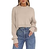 Yesfashion Womens Oversized Cropped Sweaters Crewneck Long Lantern Sleeve Side Split Ribbed Knit Pullover Sweater Tops