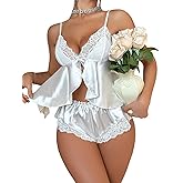 RoseSeek Women's 2 Piece Lingerie Set Floral Lace Tie Back Satin Bow Front Lingerie Pajama Set Sleepwear
