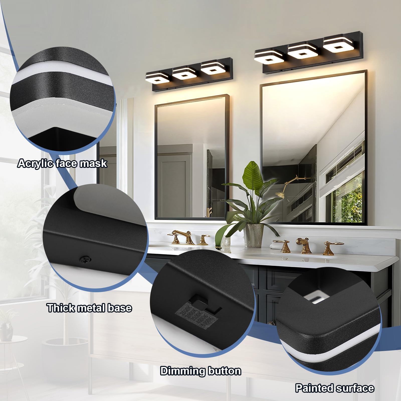 7Degobii Modern Bathroom Vanity Lights, 3-Light Dimmable LED Wall Sconce, Matte Black Vanity Light for Mirror, 5CCT Adjustable Vintage Bathroom Lighting Fixtures Over Sink