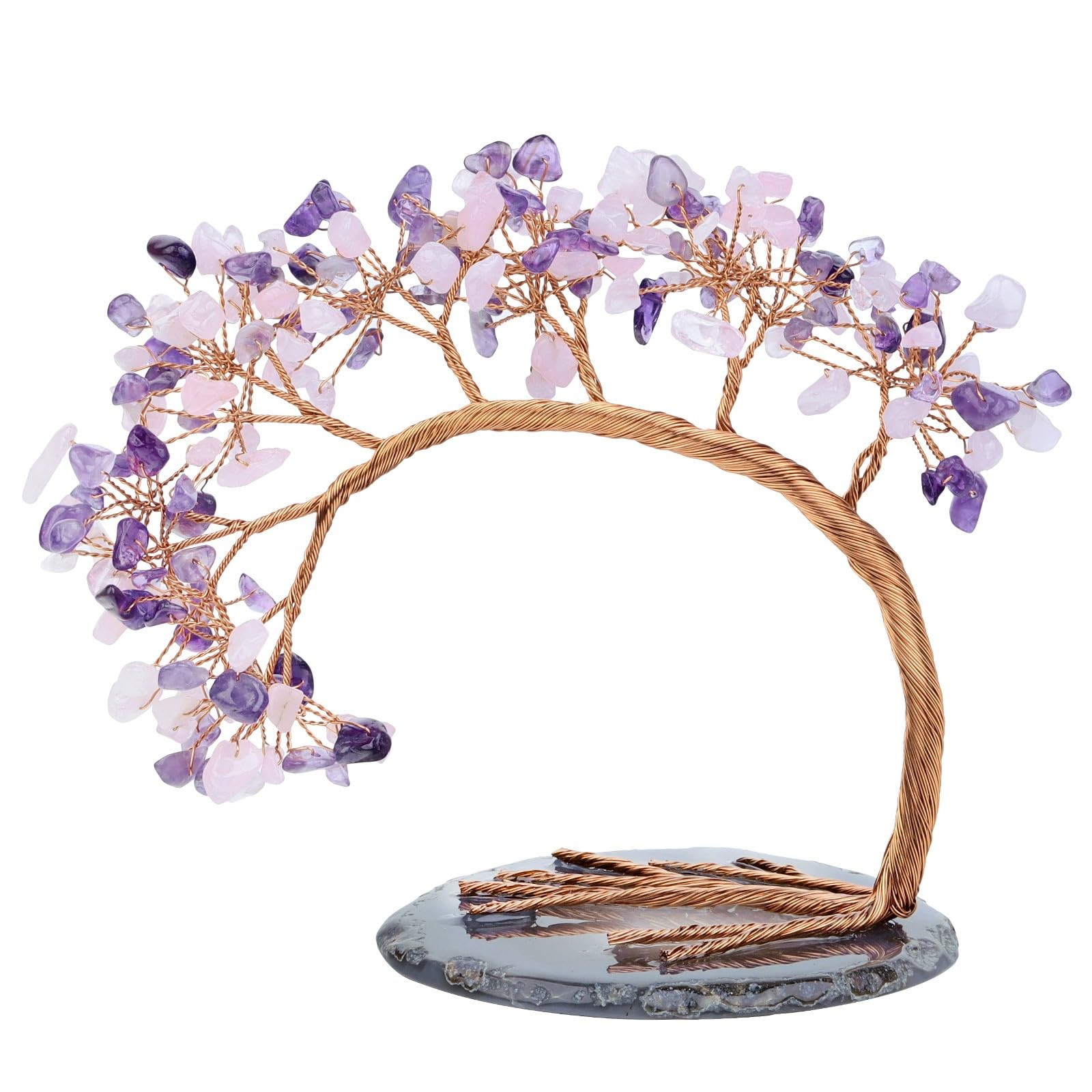 KYEYGWO Amethyst & Rose Quartz Crystal Money Tree FengShui Bonsai Figurines with Agate Slices Base, Crystal Tree Home Office Ornament for Good Luck and Wealth, 4.5-5.2 inches Tall