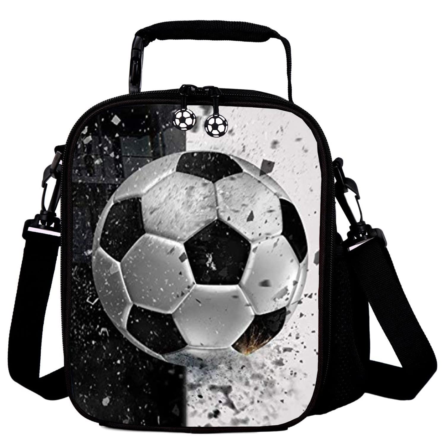 GOXUNYUAN Kids 3D Football Printed Lunch Bags Reusable Cooler Warm Tote Lunch Box with Drink Bottle Holder Children Portable Shoulder Strap Thermal Picnic Bags for Boys Girls Black